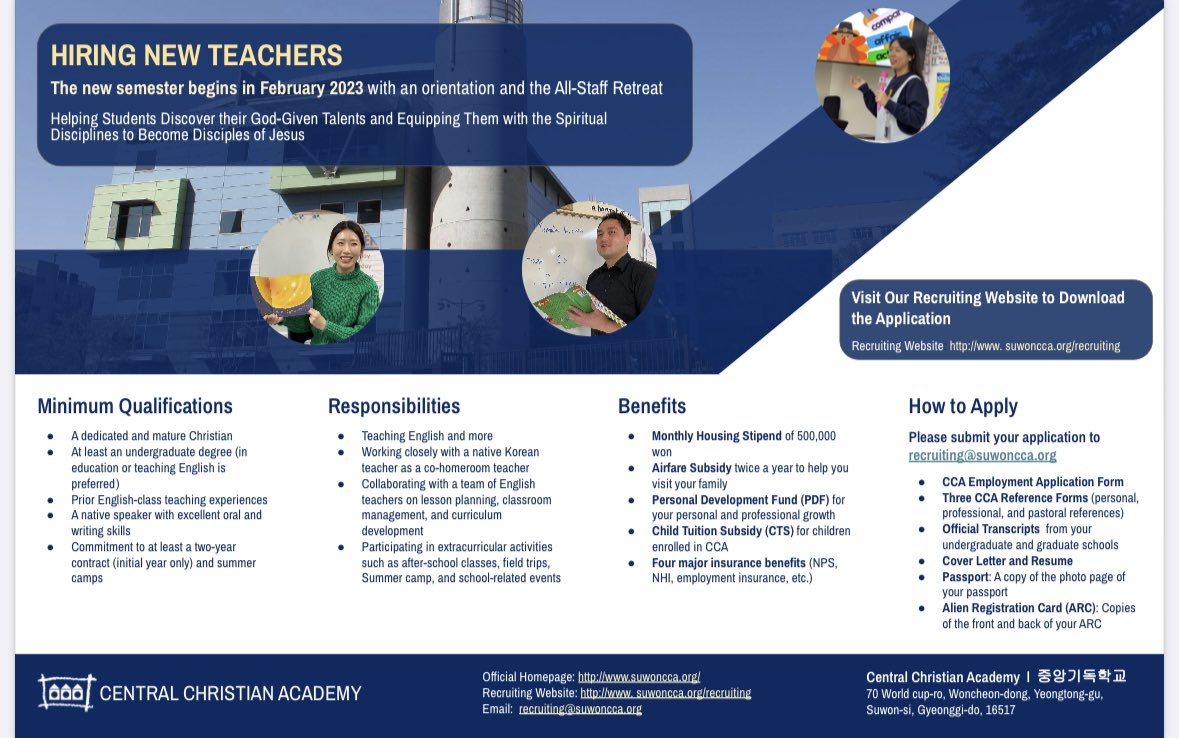 cgedu's tweet photo. #CentralChristianAcademy in Suwon, #SouthKorea is hiring #Christian #EnglishTeachers for the upcoming term beginning in March. Great opportunity to work in this vibrant and exciting school! For more information, DM us or go to our website: https://t.co/lbame3FXfG. https://t.co/vc0UuvMLtL