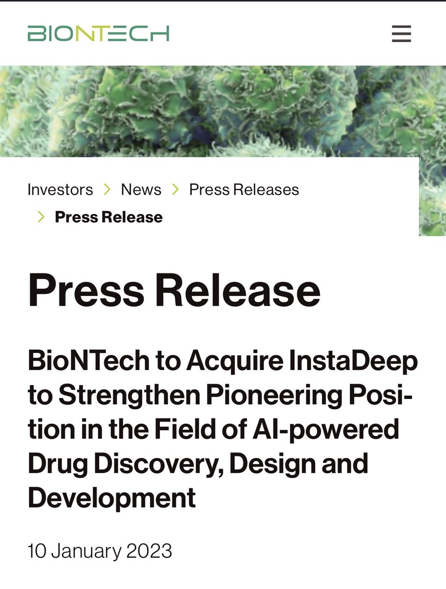 🧬 🤖 TECHBIO BOOM! <a href="/BioNTech_Group/">BioNTech SE</a> to buy <a href="/instadeepai/">InstaDeep</a> for £342M in cash + up to £200M more. 

In Feb ‘21, I wrote “I see exciting ways that ML can be integrated into rational and predictive AI-first mRNA vaccine design”

Thx for delivering <a href="/kbeguir/">Karim Beguir</a> 😉 

investors.biontech.de/news-releases/…