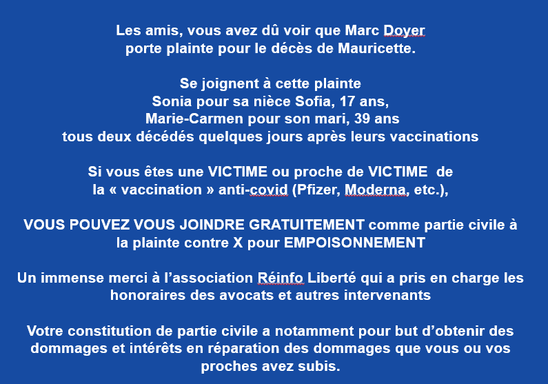 StatChrisCotton's tweet photo. Vous êtes une victime des vaccins anti-covid, comme @Marc_Doyer , Sonia, Marie-Carmen, 
portez-vous partie civile dans la plainte contre X pour EMPOISONNEMENT en cliquant ici
https://t.co/Mx01IU5fCL
C'est GRATUIT ! https://t.co/mJRgzzenBQ