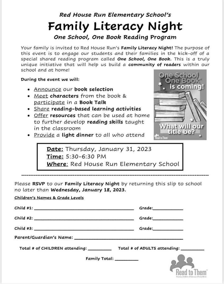 We are hoping families join us on 1/31/23 at our RHR Family Literacy Night for our One School, One Book Kick-Off.  RSVPs are due on 1/18/23.  If you need another copy of the flyer, please ask your child's teacher or email our reading specialist, Mrs. Leppert, cleppert@bcps.org.
