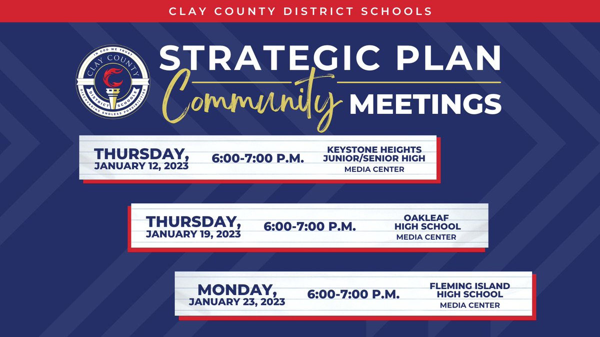 oneclayschools's tweet photo. You're invited! The first strategic plan town hall meeting is happening Jan. 12th at Keystone Heights Jr/Sr High from 6-7 p.m. in the media center. Superintendent Broskie will discuss the next steps in the strategic planning process &amp; upcoming goals for the next five years. https://t.co/8rh9nWes5f