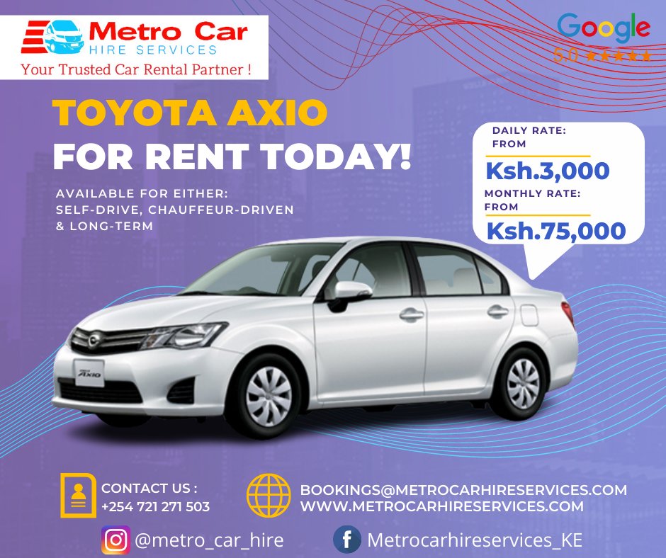 CarhireMetro's tweet photo. @ledamalekina @SafaricomPLC In the meantime, You can hire a car for as low as Kes.3k per day or Kes.75k per month. Call: +254 721 271 503 or car-rental@metrocarhireservices.com
https://t.co/Z8u4MMtx1c https://t.co/yBwWhYIxfv