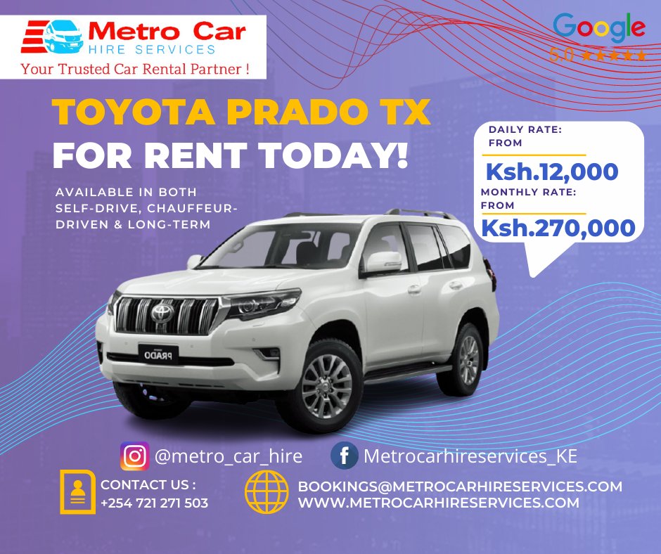 CarhireMetro's tweet photo. @SakajaJohnson Fantastic, In the meantime, You can hire a car for as low as Kes.3k per day or Kes.75k per month. Call: +254 721 271 503 or car-rental@metrocarhireservices.com
visit https://t.co/Z8u4MMtx1c https://t.co/P8K2ft9k6U