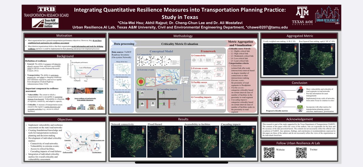 Excited to be at the #TRB Annual meeting for the first time. It’s really nice to finally meet people working in the transportation fields in-person! Do visit us at the poster presentation about integrating quantitative #resilience measures supported by #TxDOT~