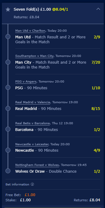 AllVibesBetting's tweet image. Time for an #AllVibes acca! We've won a free £1 on William Hill and this is what we're doing with it. A relatively smart 8/1 acca
#Manu and #Mancity to win + 2 goals ⚽️
#PSG #RealMadrid #Barca &amp;amp; #NUFC to win 👍
&amp;amp; #Wolves to win or Draw.

Let us know if you're in below
👇👇