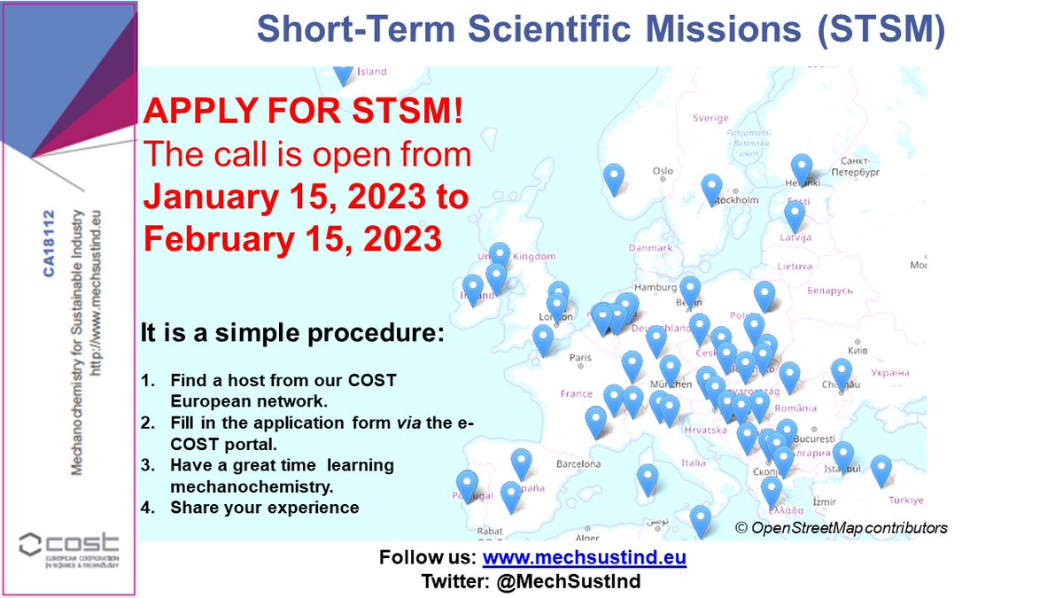 Matej The Mechanochemist (@matej_balaz_sas) on Twitter photo Calls for Short Term Scientific Missions within our COST Action CA18112 will be open again from January 15 until February 15. Please visit mechsustind.eu
<a href="/COSTprogramme/">COST</a>
CA18112
<a href="/mechsustind/">MechSustInd</a>
<a href="/beyondbenign/">Beyond Benign</a>
<a href="/MechSustInd/">MechSustInd</a>
<a href="/YoungChemists/">EYCN</a> Calls for Short Term Scientific Missions within our COST Action CA18112 will be open again from January 15 until February 15. Please visit mechsustind.eu
<a href="/COSTprogramme/">COST</a>
CA18112
<a href="/mechsustind/">MechSustInd</a>
<a href="/beyondbenign/">Beyond Benign</a>
<a href="/MechSustInd/">MechSustInd</a>
<a href="/YoungChemists/">EYCN</a>