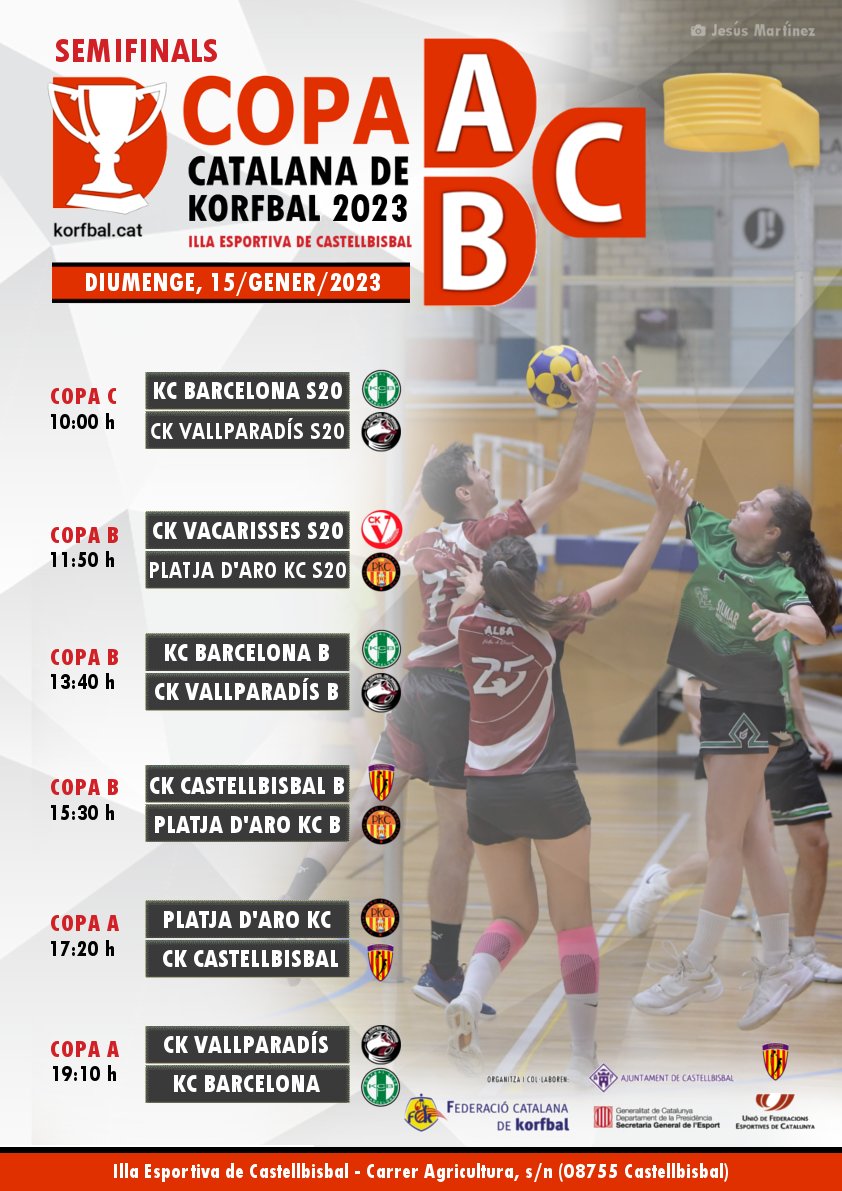 Les semifinals de les Copes Catalanes de #Korfbal A, B i C 2023 es disputen aquest diumenge vinent 15 de gener, des de les 10 del matí fins a les 9 del vespre, a l'Illa Esportiva de Castellbisbal. Us hi esperem! #GaudimDelKorfbal #CopaCatalana

📰 korfbal.cat/?p=11687