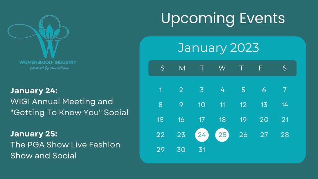 We're looking forward to an exciting 2023 and are kicking it off with two events while at the PGA Show in Orlando. More Info: womeninthegolfindustry.com/event-5065947 | 
#WomenInTheGolfIndustry #GolfIndustry #WomenInGolf #WiGIMember #PGAShow
