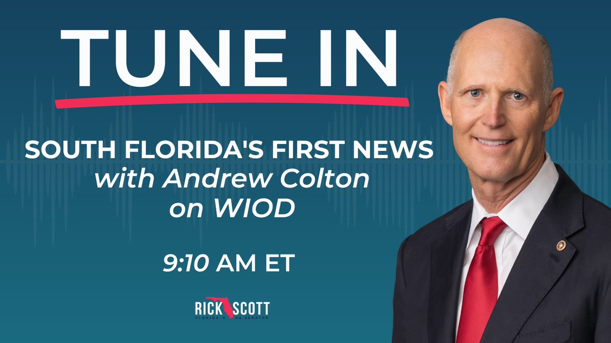 SenRickScott's tweet photo. 📻 COMING UP: I'll be joining Andrew Colton at 9:10 AM ET on @WIOD's South Florida’s First News to share an update on my statewide #MakeWashingtonWork tour.

Listen live: https://t.co/UmHLnuuYyM https://t.co/ORML8CCvXw