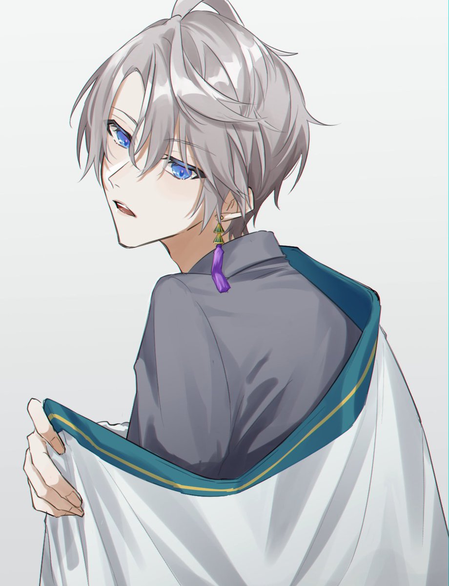 1boy male focus blue eyes jewelry earrings solo grey hair  illustration images