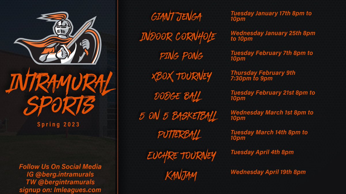 BERGIntramurals's tweet image. Spring of 2023 schedule for intramural sports!  Stay tuned for the locations of theses games! Please share it with your friends and stay tuned for some prizes that will come out with these events. Follow us on Instagram as well! @ berg.intramurals