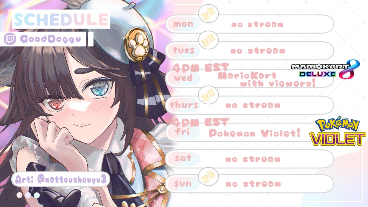 DogguVT's tweet photo. 【 Schedule 】Week of January 9th-15th
I WANT TO PLAY POKEMON AND SHINY HUNT SO BAD YOU HAVE NO IDEA!! Super hyped to play with viewers too... I really miss it😭come play with me?💖 #TopDoggu
🎨 @/nattoushouyu3
🡻Look in replies for more! 🡻 https://t.co/UlSiysWoUZ