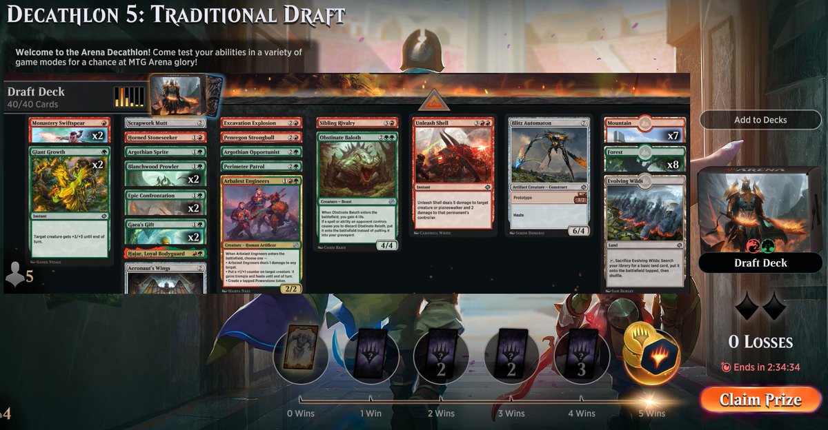Decathlon 5:
Played my 1st BRO BO3 draft to try for another token, stumbled upon a decent Gruul deck and fought my way to a 5-0 result 😁
Very happy with this pile and its performance 😊Sitting on 5 / 6 tokens, need +2 for the extra entry to the finals! 🥷
#MTGArena <a href="/fireshoes/">Robert Taylor🔥</a>
