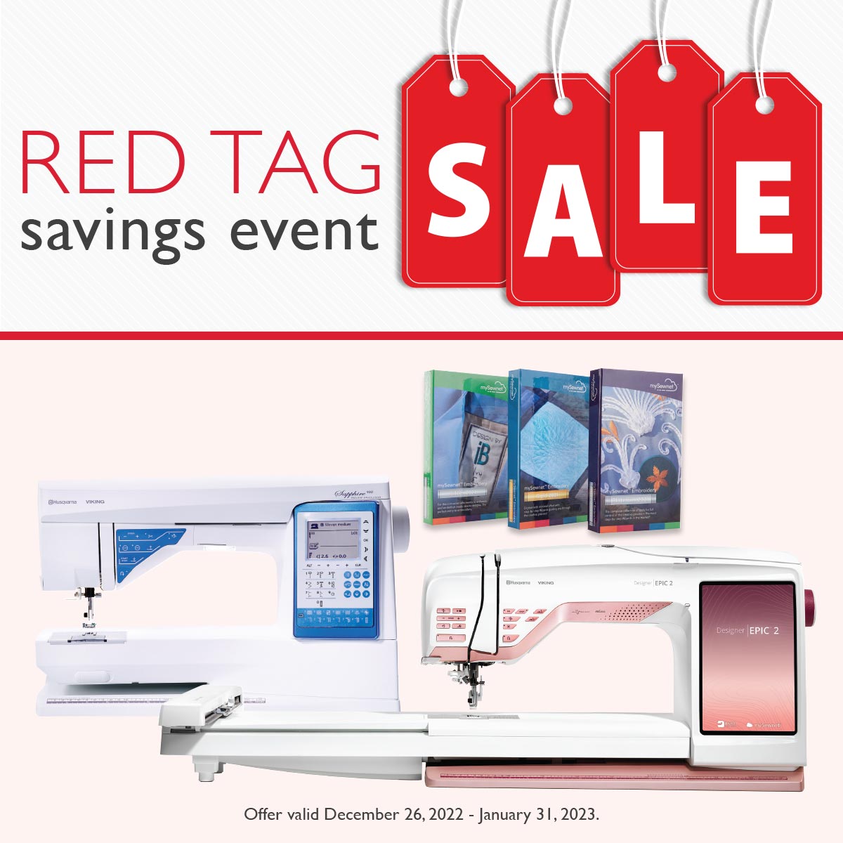 QuiltingB's tweet photo. Red Tag Deals! The Husqvarna VIKING Red Tag event is on, look for the red tag and save BIG for a limited time. See what classes are starting this week! - Quilting B &amp; More 🐝 - https://t.co/DfxfSt2siz https://t.co/W1NjaxcTQl