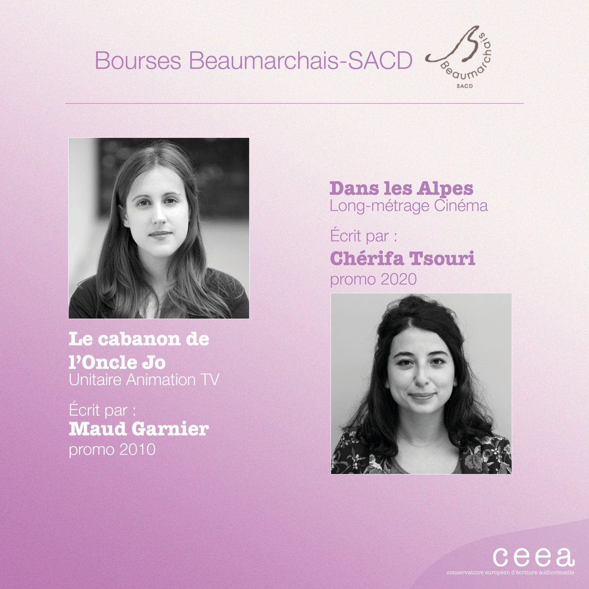 Ceea_edu's tweet image. 🏆 2 diplômées du #CEEA figurent parmi les lauréats 2022 des bourses d'aide à l'#écriture attribuées par l'association Beaumarchais-@SACDParis.

Félicitations à Maud Garnier (promo 2010), lauréate Animation TV, et Chérifa Tsouri (promo 2020), lauréate Cinéma long-métrage. 👏👏