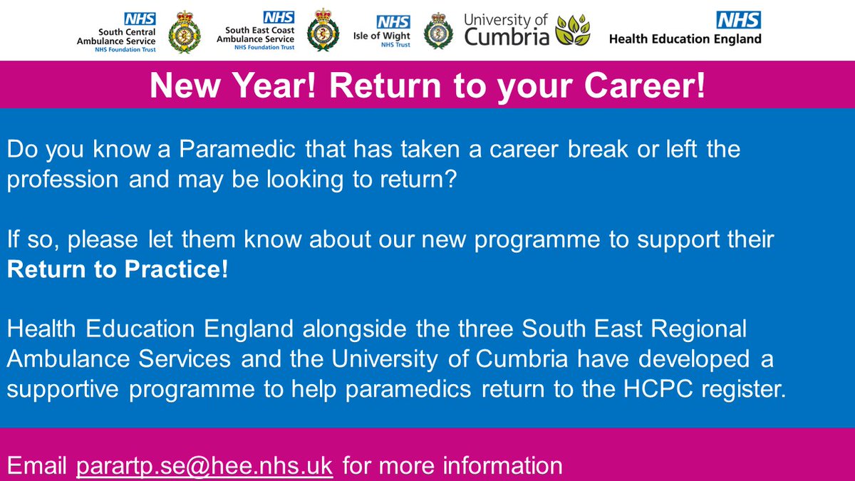 NHSE Workforce, Training and Education – SE (@nhshee_seast) on Twitter photo Are you a Paramedic thinking of returning to Practice? <a href="/NHSHEE_SEast/">NHSE Workforce, Training and Education – SE</a> we are holding two webinars on Wed 18 and Tues 31 January 2023, to outline a programme to support Paramedic Return to Practice.
Email parartp.se@hee.nhs.uk
<a href="/SCAS999/">South Central Ambulance Service</a>, <a href="/SCASJobs/">#SCASJobs</a>, <a href="/SECAmbulance/">South East Coast Ambulance</a>, <a href="/OFFICIALIOWAS/">Isle of Wight Ambulance Service</a>, Are you a Paramedic thinking of returning to Practice? <a href="/NHSHEE_SEast/">NHSE Workforce, Training and Education – SE</a> we are holding two webinars on Wed 18 and Tues 31 January 2023, to outline a programme to support Paramedic Return to Practice.
Email parartp.se@hee.nhs.uk
<a href="/SCAS999/">South Central Ambulance Service</a>, <a href="/SCASJobs/">#SCASJobs</a>, <a href="/SECAmbulance/">South East Coast Ambulance</a>, <a href="/OFFICIALIOWAS/">Isle of Wight Ambulance Service</a>,