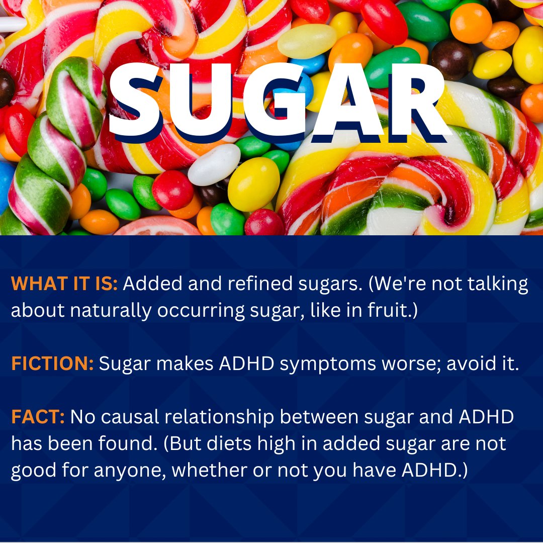ADHDGirlsDuke's tweet photo. Myths abound about diet and ADHD. Swipe through for the facts and fiction on ADHD and sugar. As always, consult your doctor about the best ADHD treatment for your daughter. #ADHDResources #ADHDTips #ADHDCommunity #ADHDLifeHacks #WomenwithADHD #GirlswithADHD https://t.co/hl3hHFOCxK