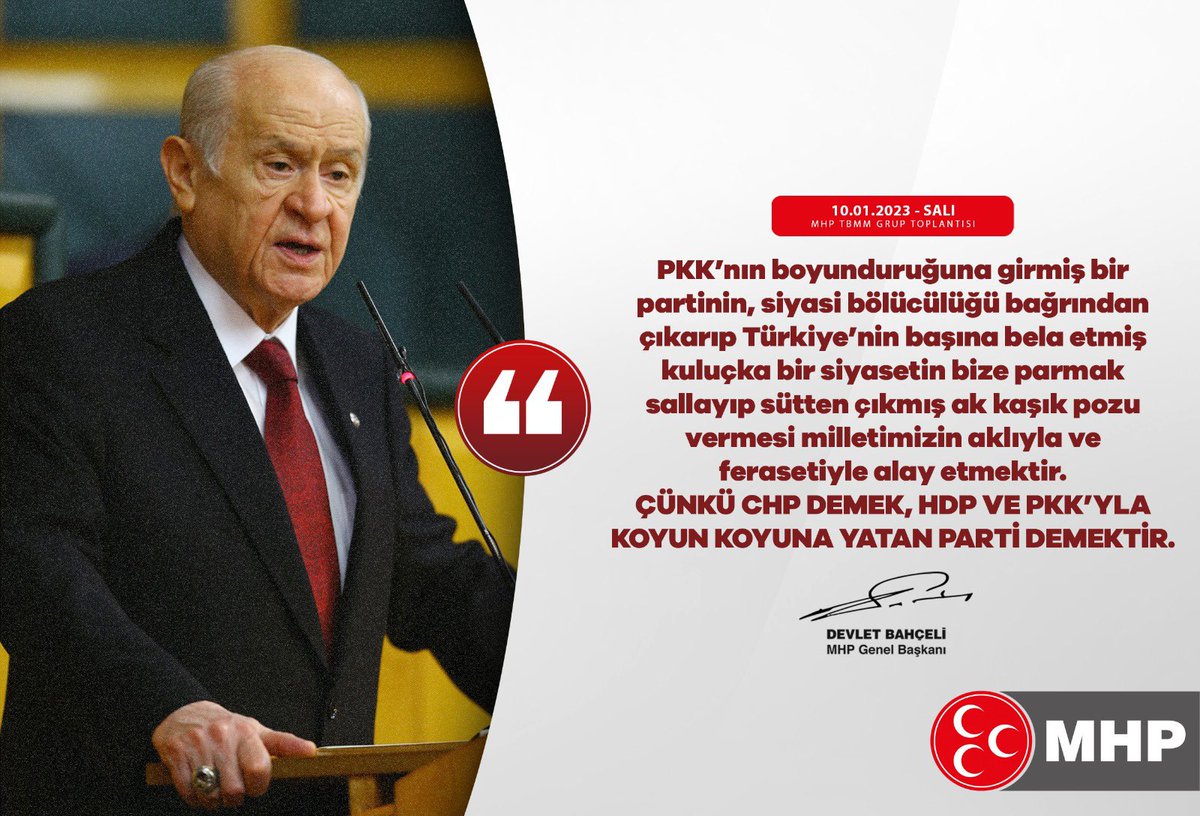 PKK’nın boyunduruğuna girmiş bir partinin, siyasi bölücülüğü bağrından çıkarıp Türkiye’nin başına bela etmiş kuluçka bir siyasetin bize parmak sallayıp sütten çıkmış ak kaşık pozu vermesi milletimizin aklıyla ve ferasetiyle alay etmektir.

MHP Genel Başkanı
Devlet BAHÇELİ