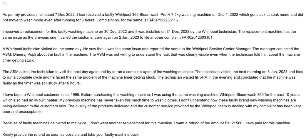 _nyk90's tweet photo. @WhirlpoolCorp @WhirlpoolCare  @WhirlpoolIndia2 @whirlpool_india @jagograhakjago 
Purchased Whirlpool Bloomwash Pro machine in December which was faulty. A replacement machine was delivered which was also faulty. Mail screenshot attached with more details.
Need a refund. https://t.co/jJkPIQdkW9