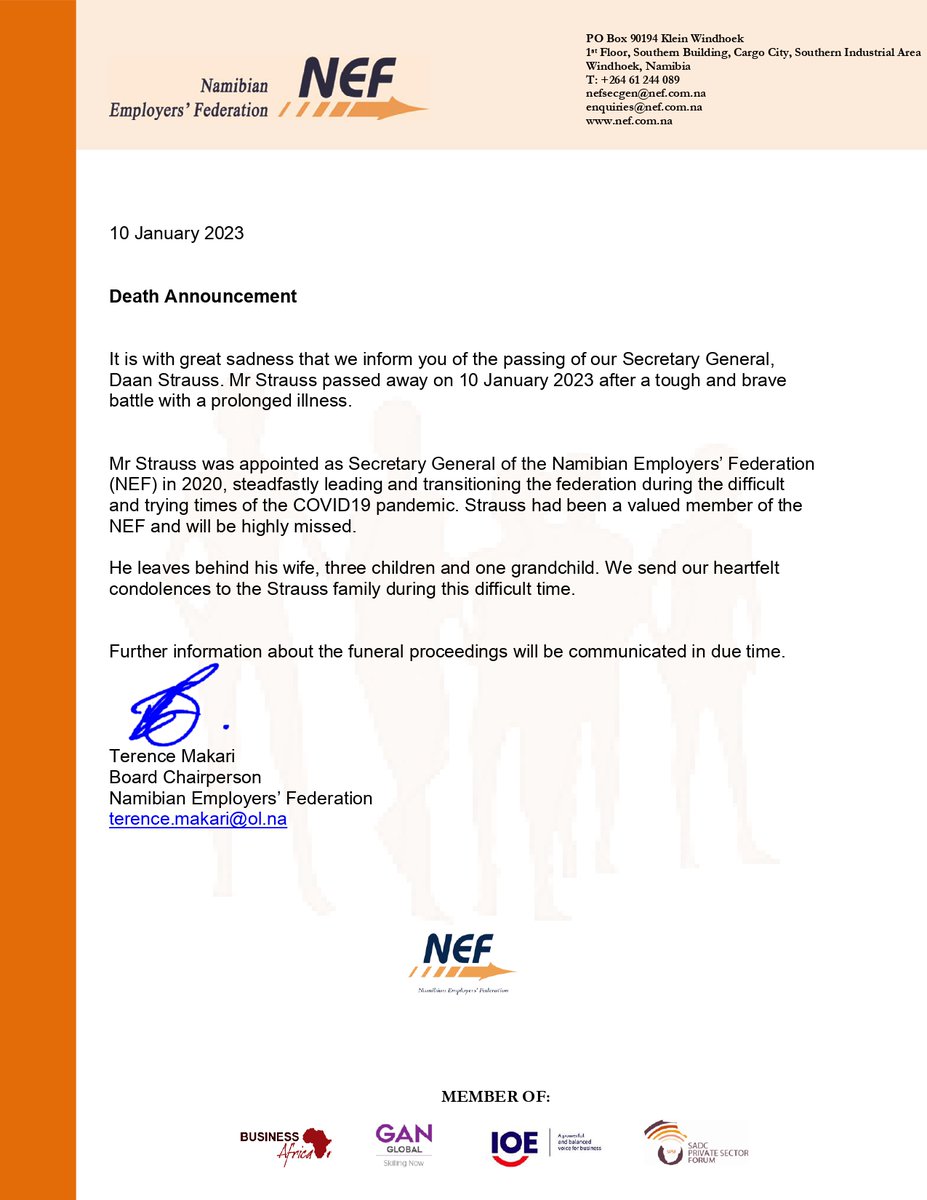 Death Announcement
It is with great sadness that we inform you of the passing of our Secretary General, Daan Strauss. Mr Strauss passed away on 10 January 2023 after a tough and brave battle with a prolonged illness.