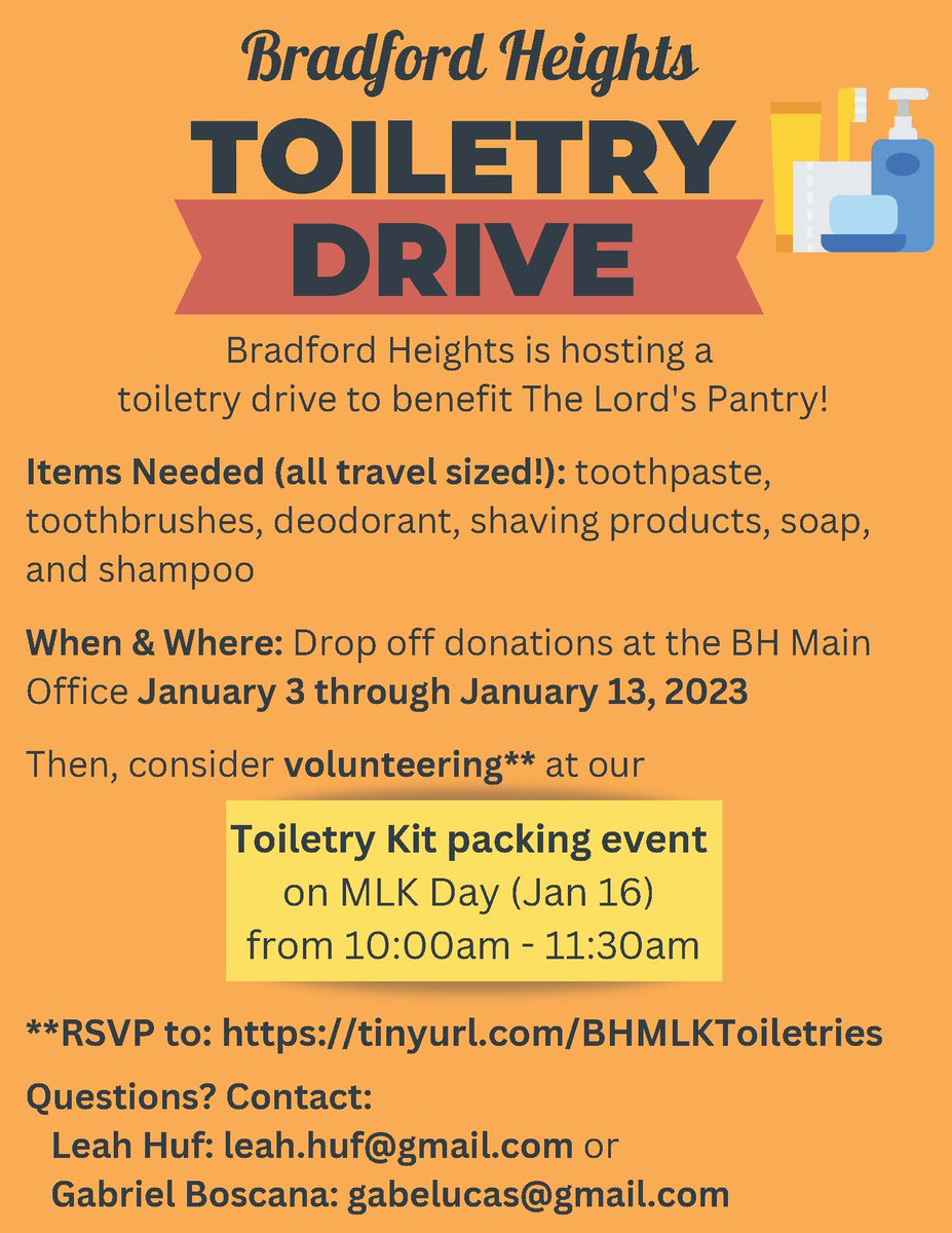 DASDSRSC's tweet photo. Want to get involved this MLK Day?
Bradford Heights is hosting a
toiletry drive to benefit The Lord's Pantry! https://t.co/mhe8MxuBMq