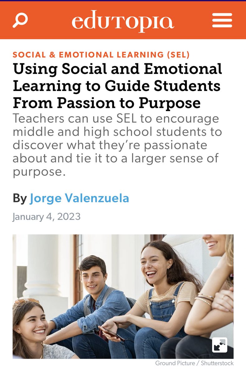 [READ] 'Using SEL to Guide Students From Passion to Purpose' via @Edutopia.

BIG SO to @VictoriaTheTech, @csteachersorg & @Gladwell 

Access here: lnkd.in/g_T2hFn9

#jorgedoespbl #education #coach #author #teachers #students #passion #purpose #passionandpurpose