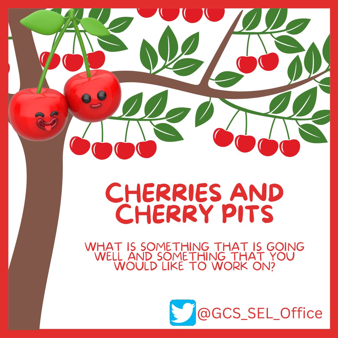 GCS_SEL_Office's tweet photo. At our team meeting yesterday, Our director, Randi Howard, shared an great SEL Opener: Cherries and Pits. Openers gives explicit opportunities to practice SEL skills such as building self awareness. "Cherries" are our success and "Pits" are growth areas. #SEL #SignaturePractices https://t.co/b4lW8TSyrS