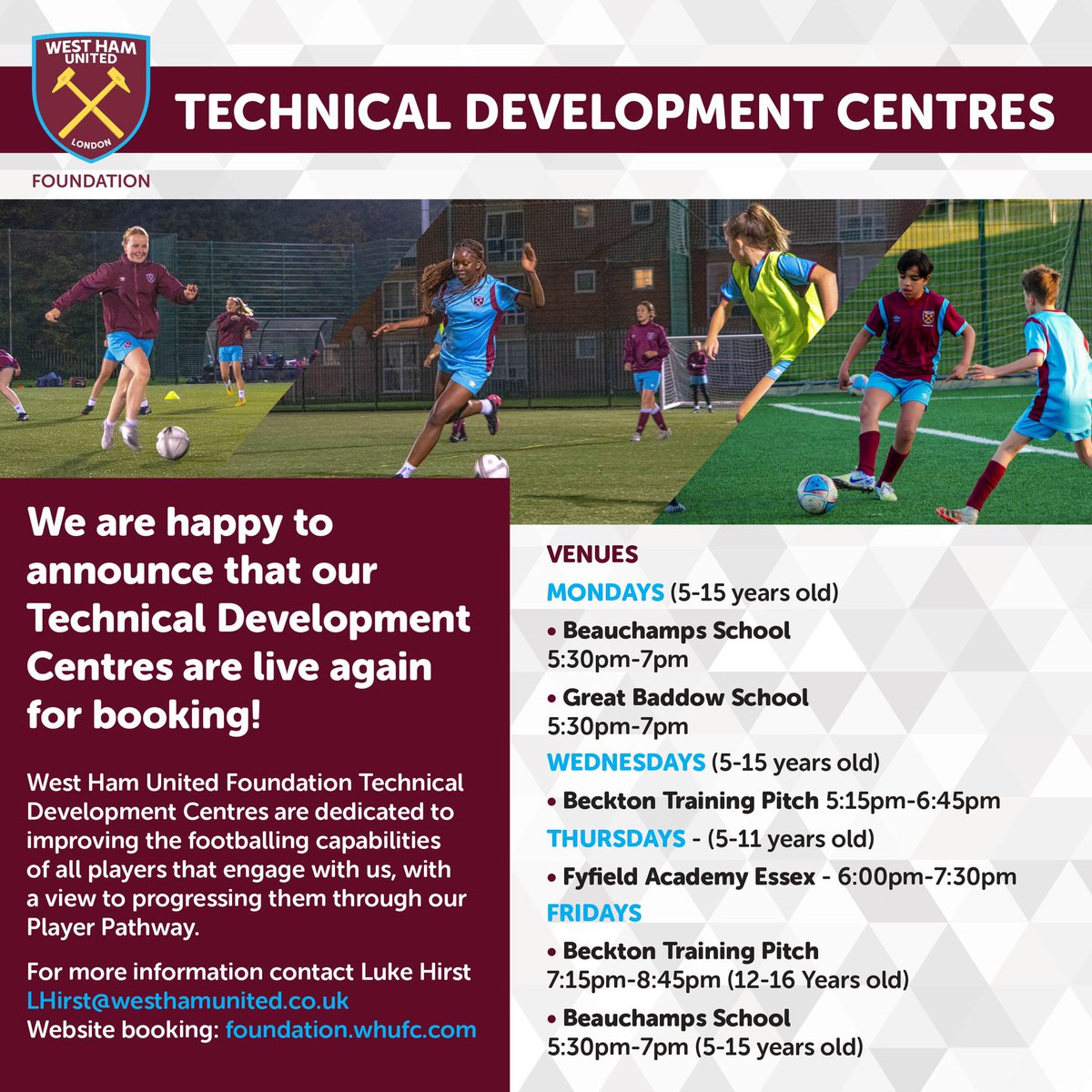 WHUFoundation's tweet photo. 𝗣𝗹𝗮𝗰𝗲𝘀 𝘀𝘁𝗶𝗹𝗹 𝗮𝘃𝗮𝗶𝗹𝗮𝗯𝗹𝗲 to book for our mixed Technical Development Centres on 𝗧𝗵𝘂𝗿𝘀𝗱𝗮𝘆𝘀 𝗮𝗻𝗱 𝗙𝗿𝗶𝗱𝗮𝘆𝘀 ⚽️ 

To book your place 👉 https://t.co/RLzQS6FiH9

#Football #WomensFootball #WestHam #Development #Newham #Essex #PlayerPathway https://t.co/18RZdYeBzk