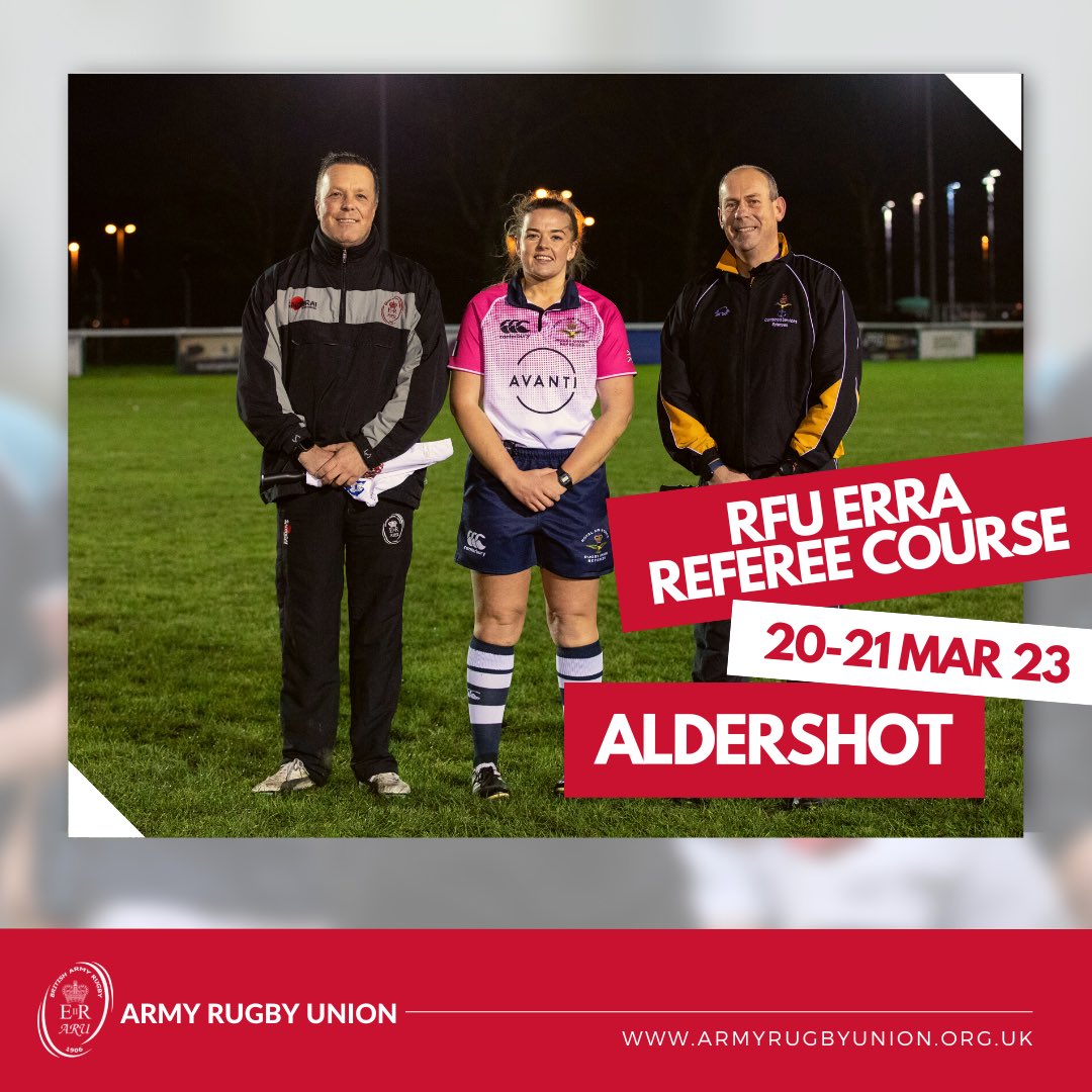 🤔 Are you serving in the military and interested in training as a match official?

The ARU are hosting a Tri-Service RFU ERRA match official course 🏉 

⚓️ 💂‍♀️ ✈️ 

📆 20-21 Mar 23 | 📍 Aldershot

To book ➡️ bit.ly/3irb8YW