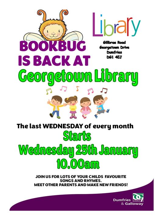 DumGalLibraries's tweet image. Bookbug is back at Georgetown Library!
Come along with your little ones and sing all their favourite rhymes and songs.
Starting on WEDNESDAY 25TH JANUARY, then on the last WEDNESDAY of every month after that.
#loveyourlibrary #librariesarefun #preschoolactivities #rhymesforkids