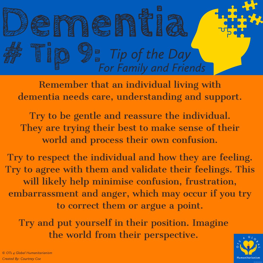 Day 9 Tip of the Day!

Some support and things to consider for family members and friends. 

Trying to imagine the world from an individual living with dementia’s perspective can help us to best support them and best engage them. 

Relationships and engagement are so important!