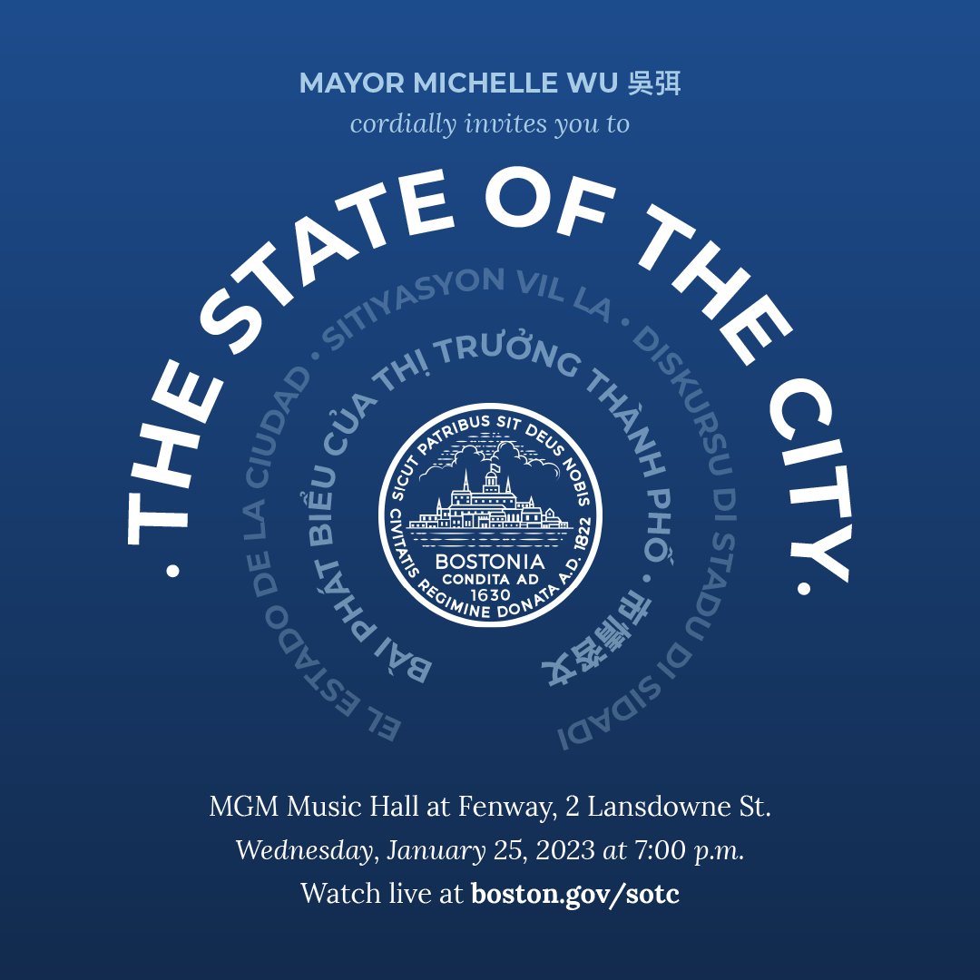 MayorWu's tweet photo. Boston, we’re excited to share our administration’s first State of the City Address with you all on Wednesday, January 25 at 7 p.m. Watch live: https://t.co/9KZJ0patf6 https://t.co/gtIOzGOxOk