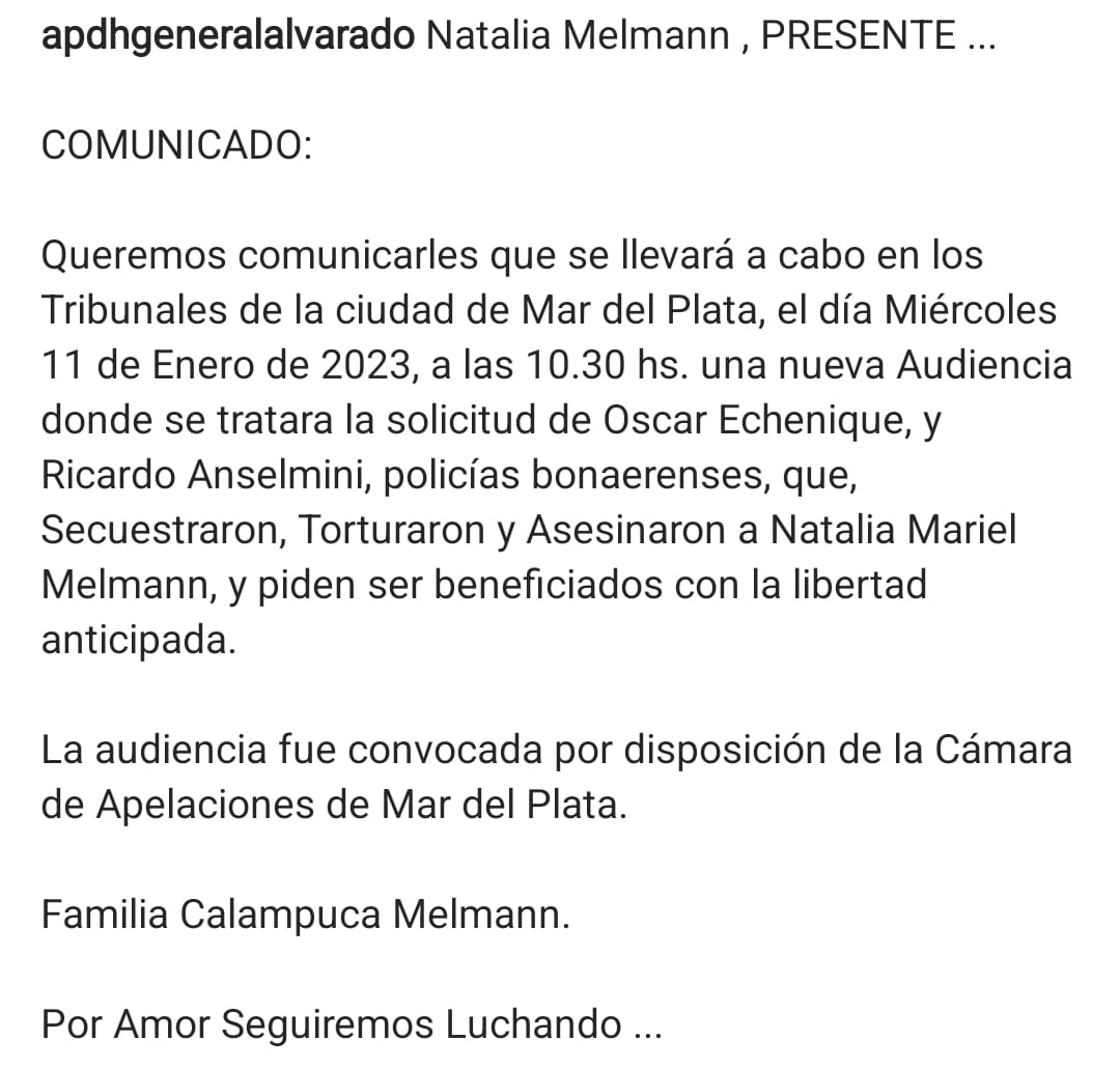 anaecorrea's tweet photo. La familia de Natalia Melmann y organizaciones que la acompañan, piden apoyo para que no liberen a sus asesinos. 
Natalia tenía 15 años cuando la raptaron, violaron y mataron. Fueron condenados por estos crímenes tres  policías bonaerense. 
#NiUnaMenos también fue por ella. https://t.co/K466VnksVB