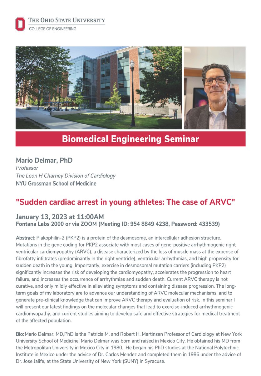 Join us Friday, January 13th, at 11 AM for "Sudden cardiac arrest in young athletes: The case of ARVC" by @MarioDelmar3 from NYU Grossman School of Medicine.

In-person: 2000 Fontana
Zoom: 954 8849 4238 Pswd: 433539