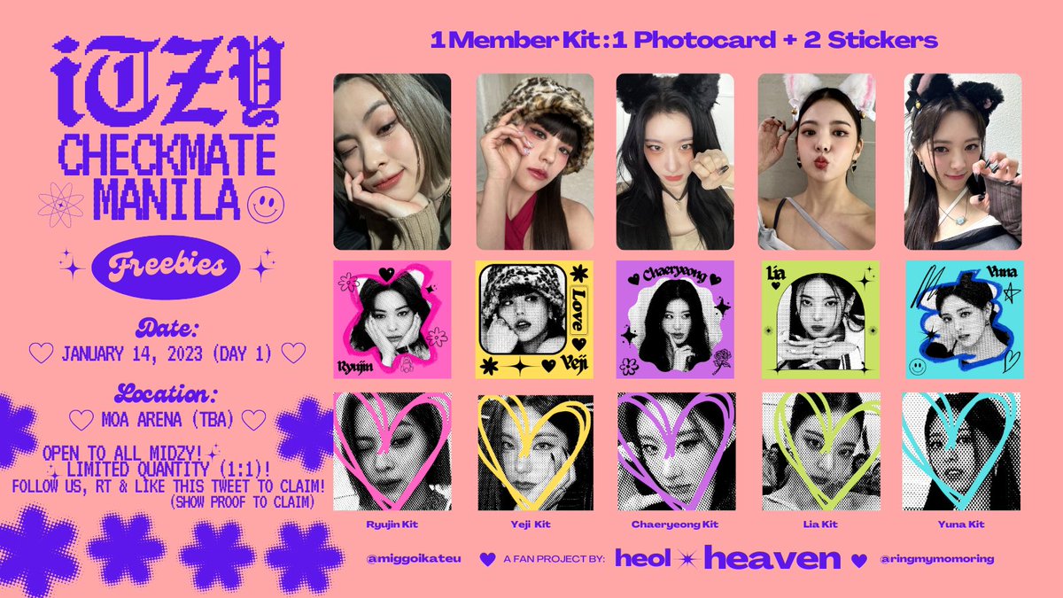 heolheavenph's tweet photo. ˳✧ [ITZY CHECKMATE MANILA FANKIT]

a fan project by: @miggoikateu @ringmymomoring 

annyeong MIDZYs! we’ll be giving away freebies this concert day (January 14)

✧ open to all midzys!
✧ limited quantity (1:1)
✧ follow, rt &amp; like to claim!

#ITZYinMANILA #ITZY_CHECKMATE_MANILA https://t.co/fYjHsAoJ3J