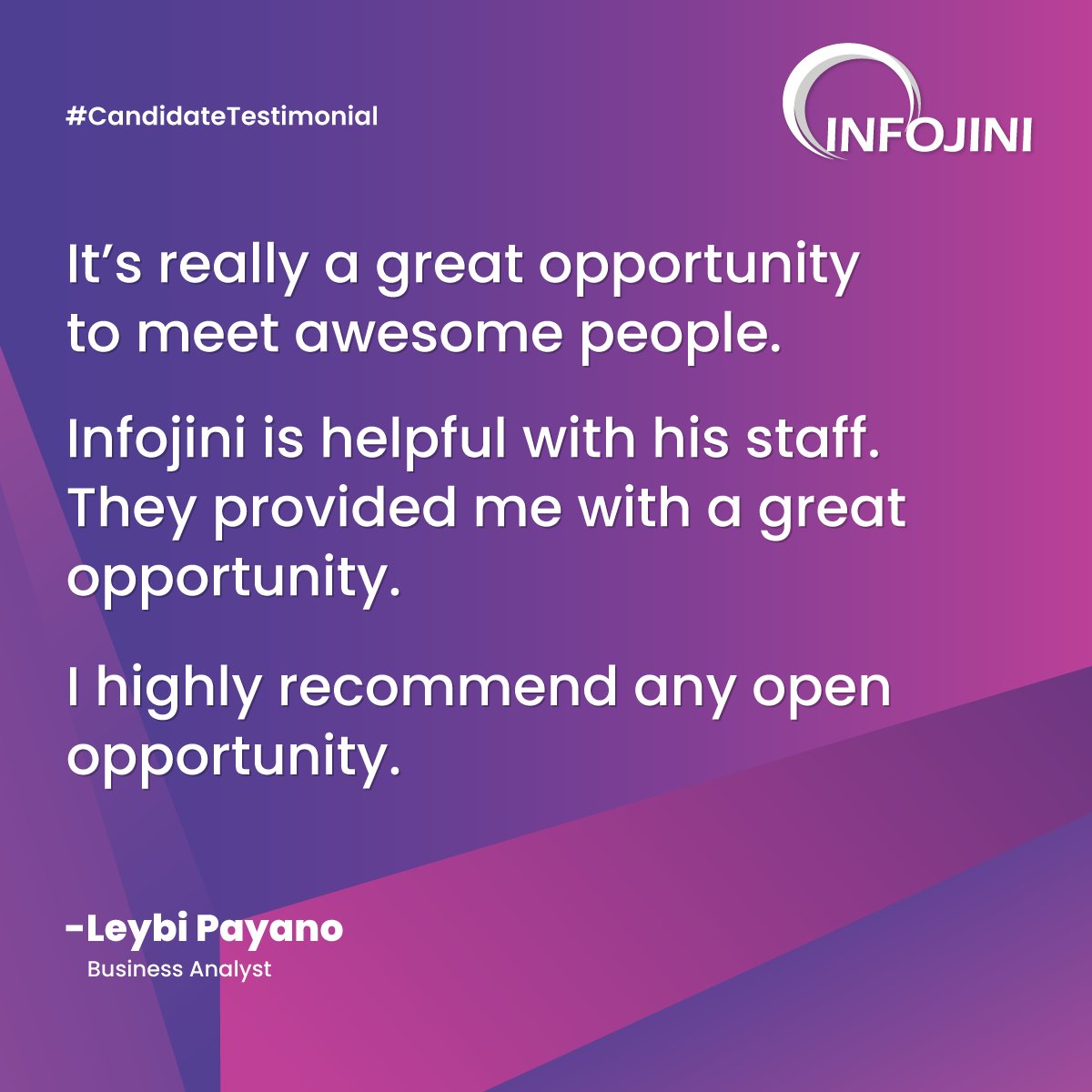 infojini_inc's tweet photo. Leybi Payano(Business Analyst), one of our candidates' shares their experience of being with Infojini.

#candidatetestimonial #work #testimonial #happycandidate #recommendation #Infojini https://t.co/9vp62Jcwt7
