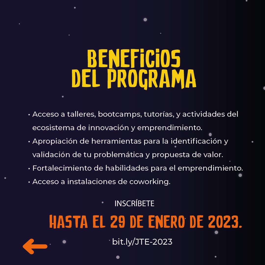 ¡Ya se encuentra abierta la convocatoria para #JaverianaTerritorioEmprendedor! 

¿Quieres emprender y no sabes cómo empezar? Si eres estudiante o egresado reciente de la <a href="/unijaveriana/">Pontificia Universidad Javeriana</a> 

Inscríbete  hasta el 29 de enero de 2023 link: bit.ly/JTE-2023