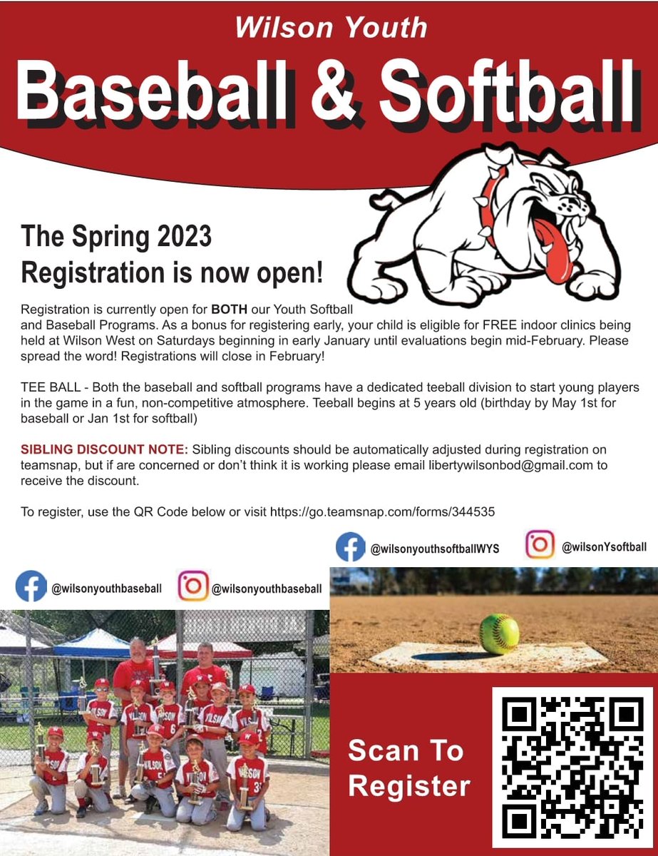 Spring 2023 Youth Baseball and Softball Registration is now open!

Registration link:
go.teamsnap.com/forms/344535
Uniform link:
wilsonyouthbaseball23.itemorder.com/shop/home/
Questions:  
Email - libertywilsonbod@gmail.com 

<a href="/wilsonschldist/">Wilson School District</a>