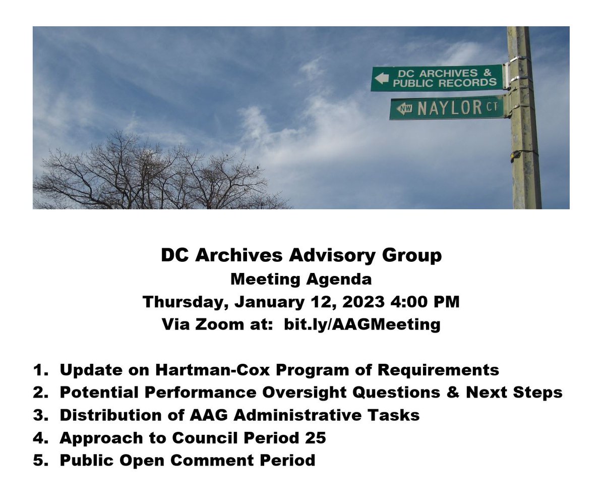 DCArchivesGroup's tweet photo. Thursday, January 12th, 4:00 PM.  @DCArchivesGroup's  first meeting of 2023.  Help us plan the year ahead!  This is a virtual meeting and you can join us via Zoom here:  https://t.co/2mmODgFTmV   Meeting Agenda 👇👇👇 https://t.co/ZiI4UfAvhm