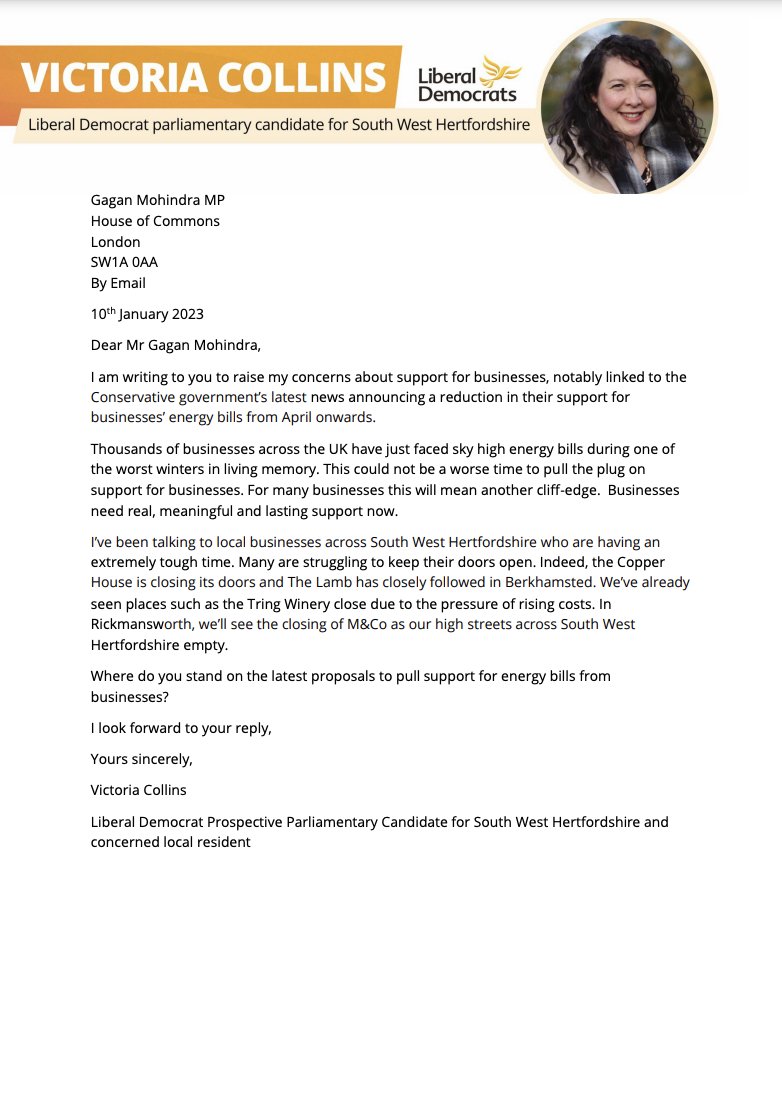 TweetingCollins's tweet image. 🏫 Our local businesses and high streets are struggling. 

That's why I've written to @gaganmohindra about the Tory government's latest announcement to reduce their support for businesses’ energy bills from April onwards. 

They need meaningful, lasting support.