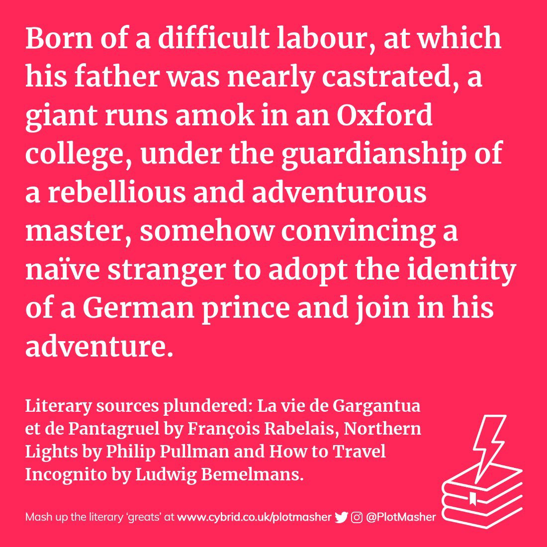 PlotMasher's tweet image. 📚 I made this splendid literary mashup at @PlotMasher. For #PlotIdeas, #PlotPrompts or #WritersBlock, mashup your own at --&amp;gt; bit.ly/3e7yRZF &amp;lt;-- #FrançoisRabelais #PhilipPullman #LudwigBemelmans #Mashup #Books #Literature