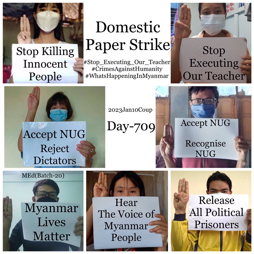 Daily anti-coup revolutionary domestic strike by pro-democracy CDMer teachers from Sagaing University of Education as 709th day.

#2023Jan10Coup #WhatsHappeningInMyanmar