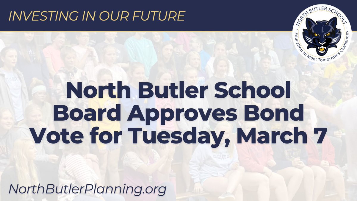 On Monday, the School Board approved a bond issue question for the March 7 ballot. An approved bond will allow the district to move ahead on a series of key facility projects at our elementary &amp; jr high/high school. Learn more &amp; find answers to FAQs: northbutlerplanning.org