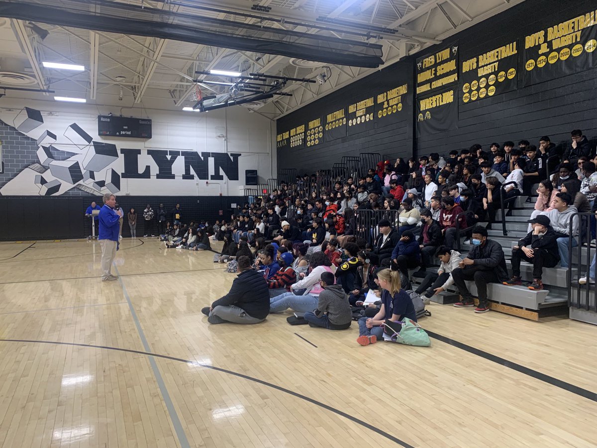 FLMS students listening to high school specialty programs coordinators. We are hosting visitors from 6 area H.S.’s today! #specialtyprograms #highschoolbound #FLHorners