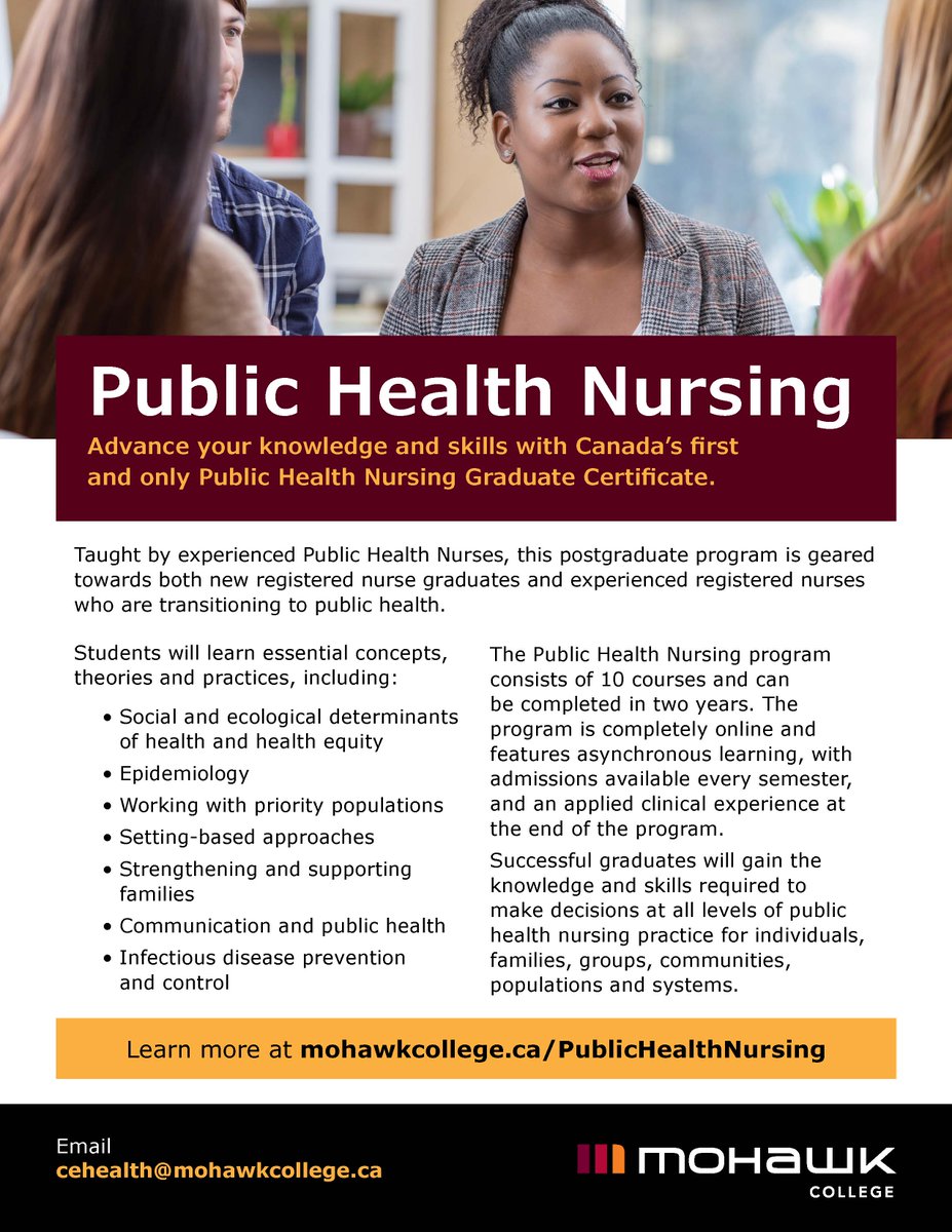 Are you a new registered nurse or experienced nurse looking to transition to public health?

Check out Canada's first and only Public Health Nursing Graduate Certificate Program from Mohawk College!

For more information, including how to register:
cereg.mohawkcollege.ca/public/categor…