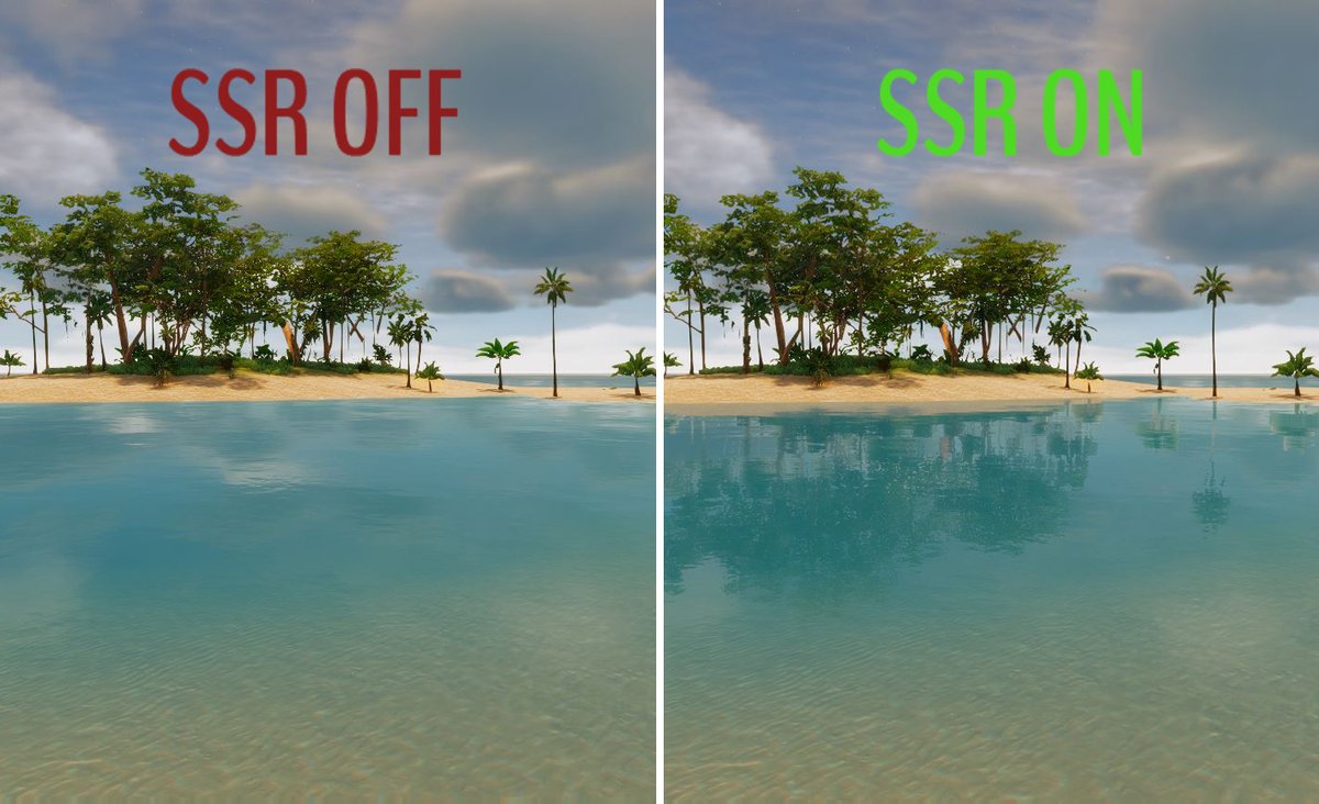 Discovered that I can use screen space reflections for the ocean today so here's a look at what the difference is. Lots of little things like this that all add up to making the game look a whole lot better. Options to toggle these high quality settings off for lower end hardware.