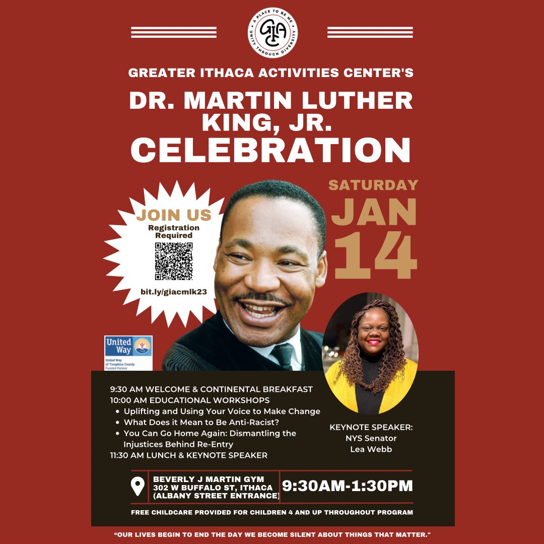 IthacaGIAC's tweet image. GIAC’s Dr. Martin Luther King, Jr. Celebration is this Saturday, January 14 from 9:30a-1:30p. Register at bit.Lu/giacmlk23