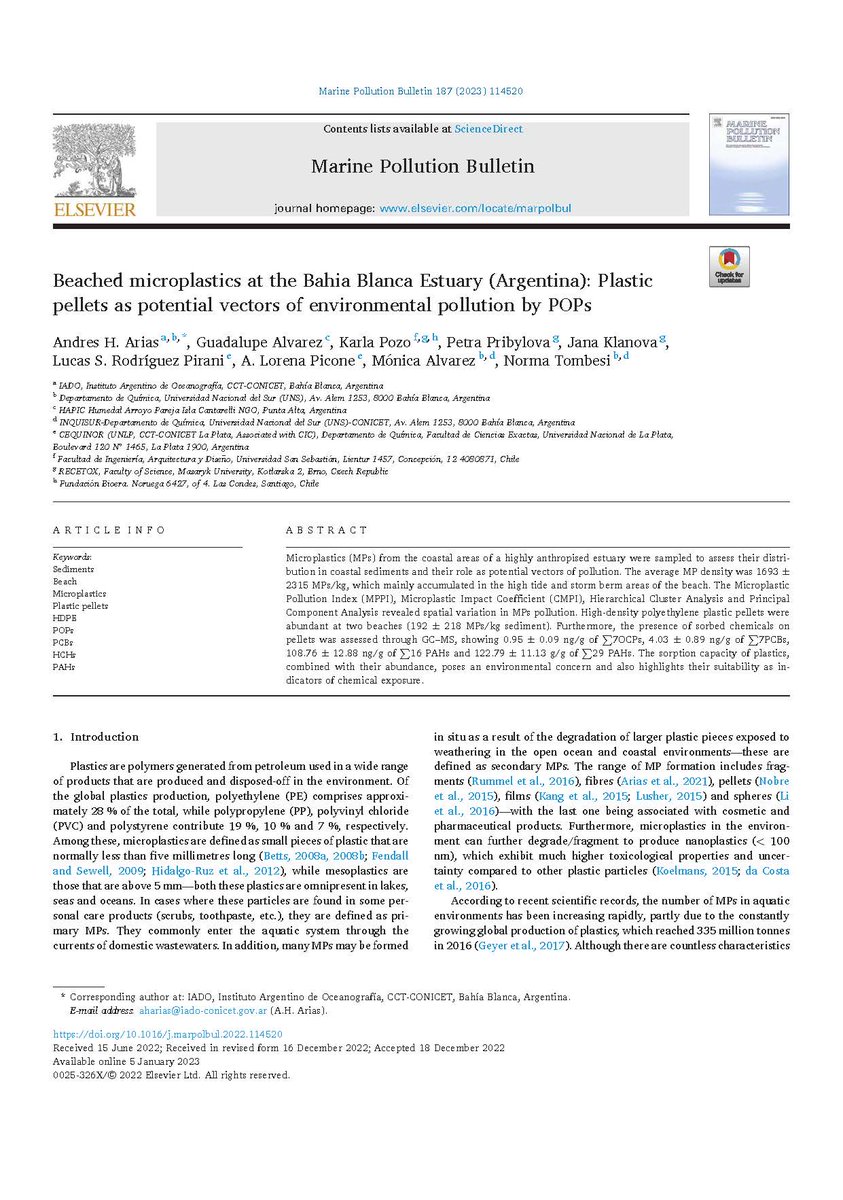 andrewharias's tweet image. 🚨brand new paper out🚨
We are happy to deliver our last research paper dealing with beached microplastics in Argentina carrying POPs (PCBs, OCPs) and PAHs! Link: authors.elsevier.com/a/1gNJG,asi2Gvu
#Microplastics #Argentina #Beach #POPs #PCBs #OCPs #PAHs