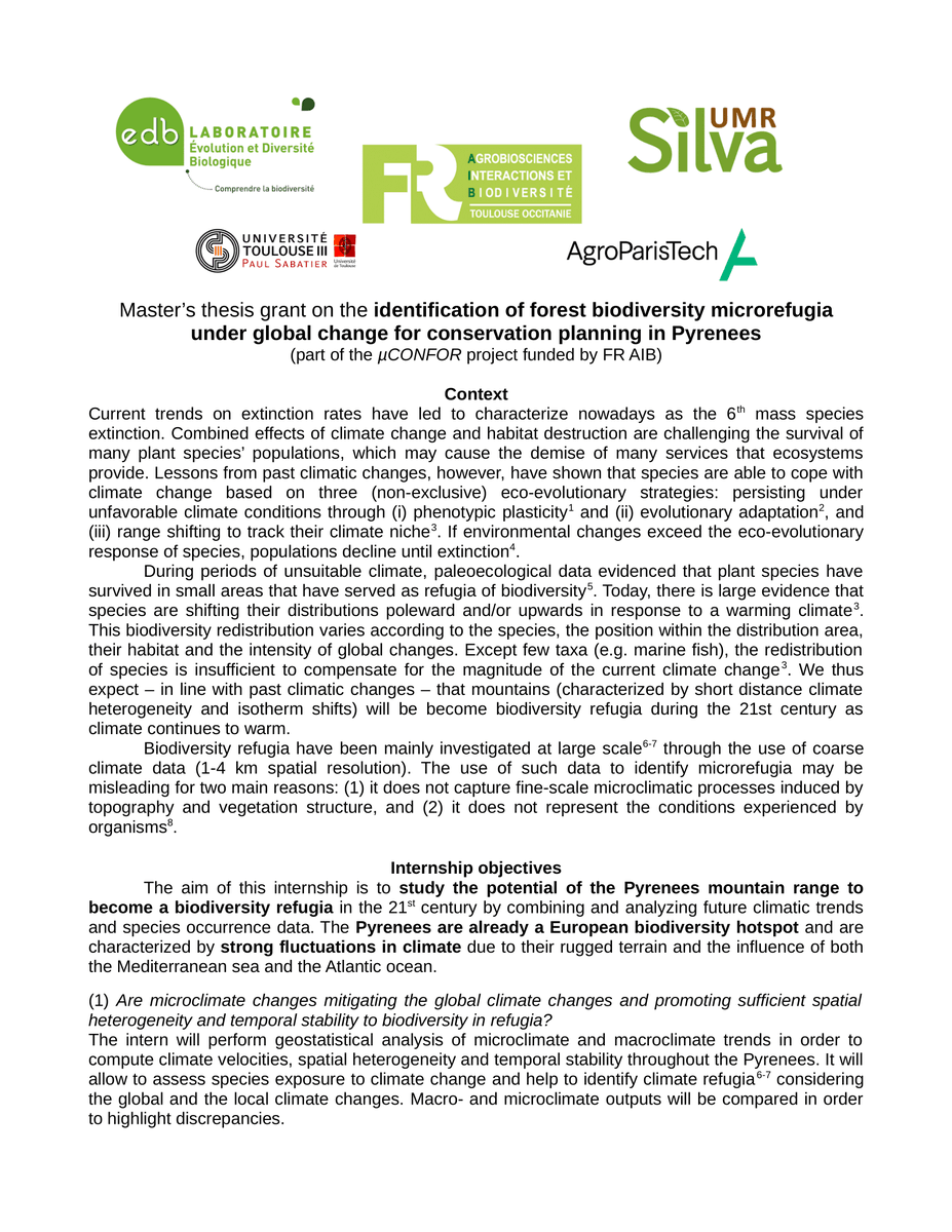 BertrandRomain2's tweet photo. 📢 URGENT!!! We are still looking for a Master student to work on forest ecology, microclimate and conservation.
6 month internship located in Toulouse at @EDB_Lab and supervised by me and @JMSerraDiaz.
Expected start: February or March 2023
Please RT! https://t.co/ddtjdWOm5F