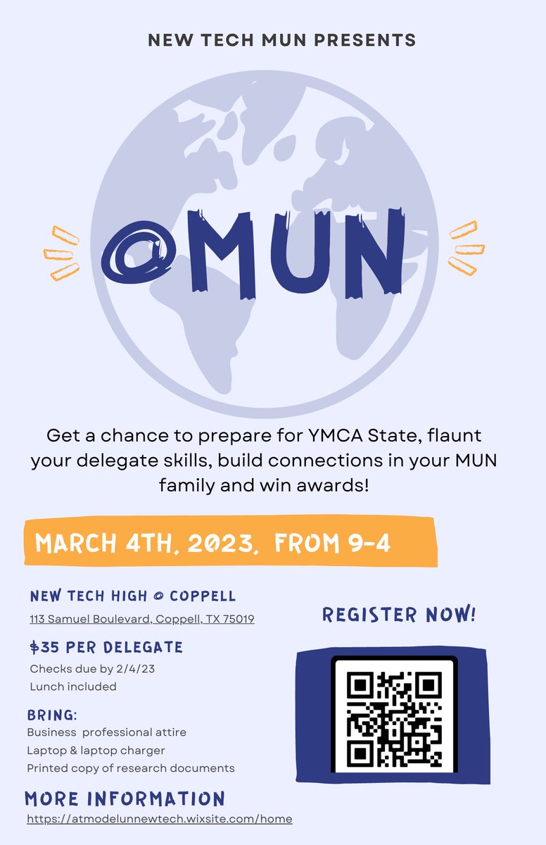 New Tech’s Model UN Delegation is proud to present our very own conference, @ MUN! All the information about @ MUN is listed below. You will be able to flex your MUN-scles, network with new delegates, and above all, have fun! We can’t wait to see you there!
